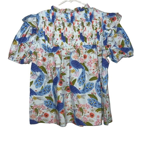 Sincerely Ours Womens Ruffled‎ Blouse Small Peacock Blue Print - Picture 2 of 6